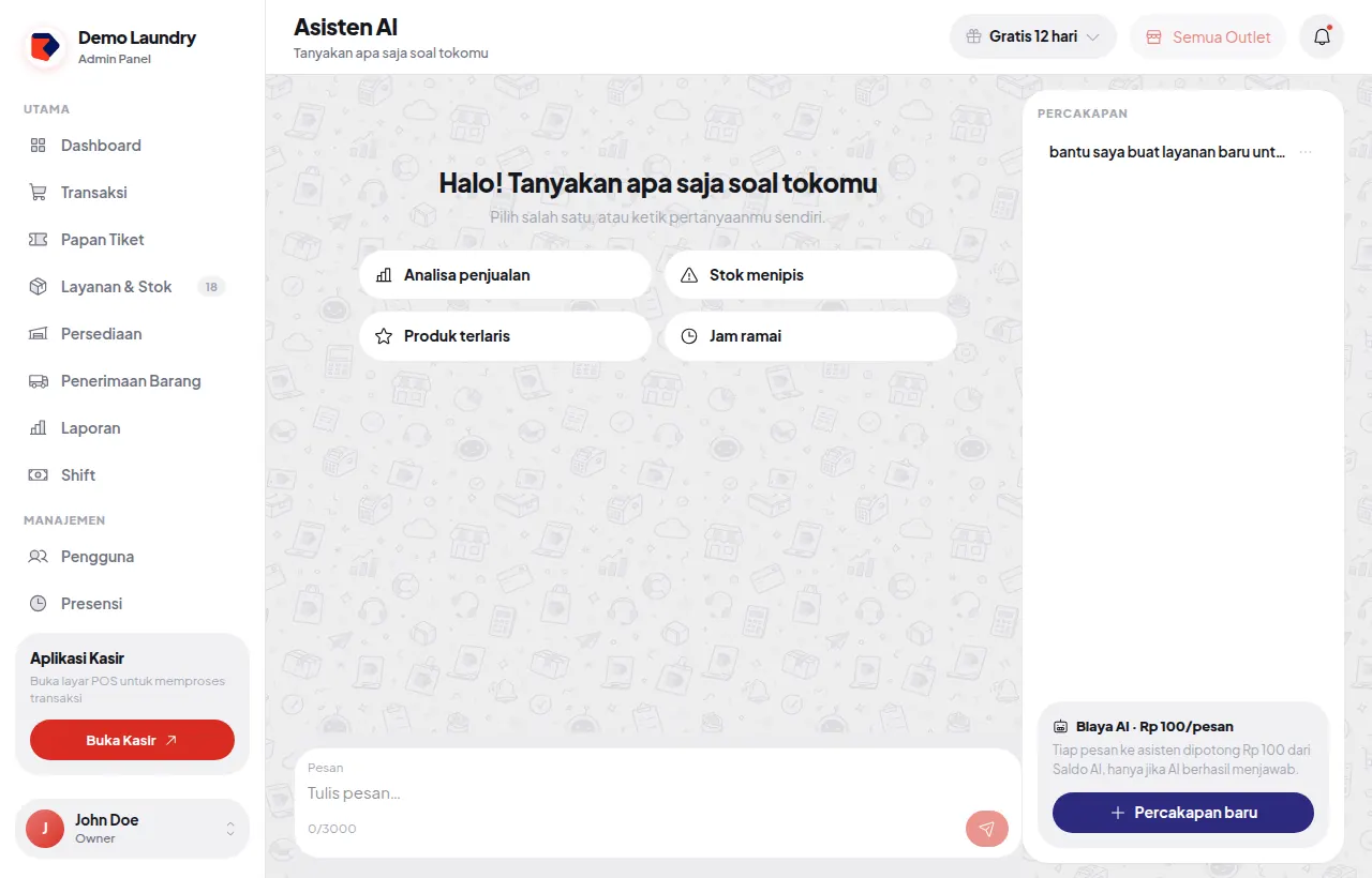 Layar Asisten AI Kassa POS dengan pertanyaan pintasan analisa penjualan, stok menipis, produk terlaris, dan jam ramai