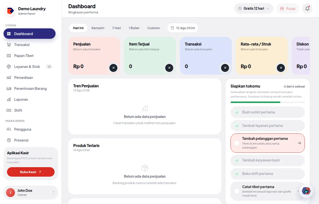 Dashboard Kassa POS dengan kartu ringkasan penjualan dan daftar persiapan "Siapkan tokomu"