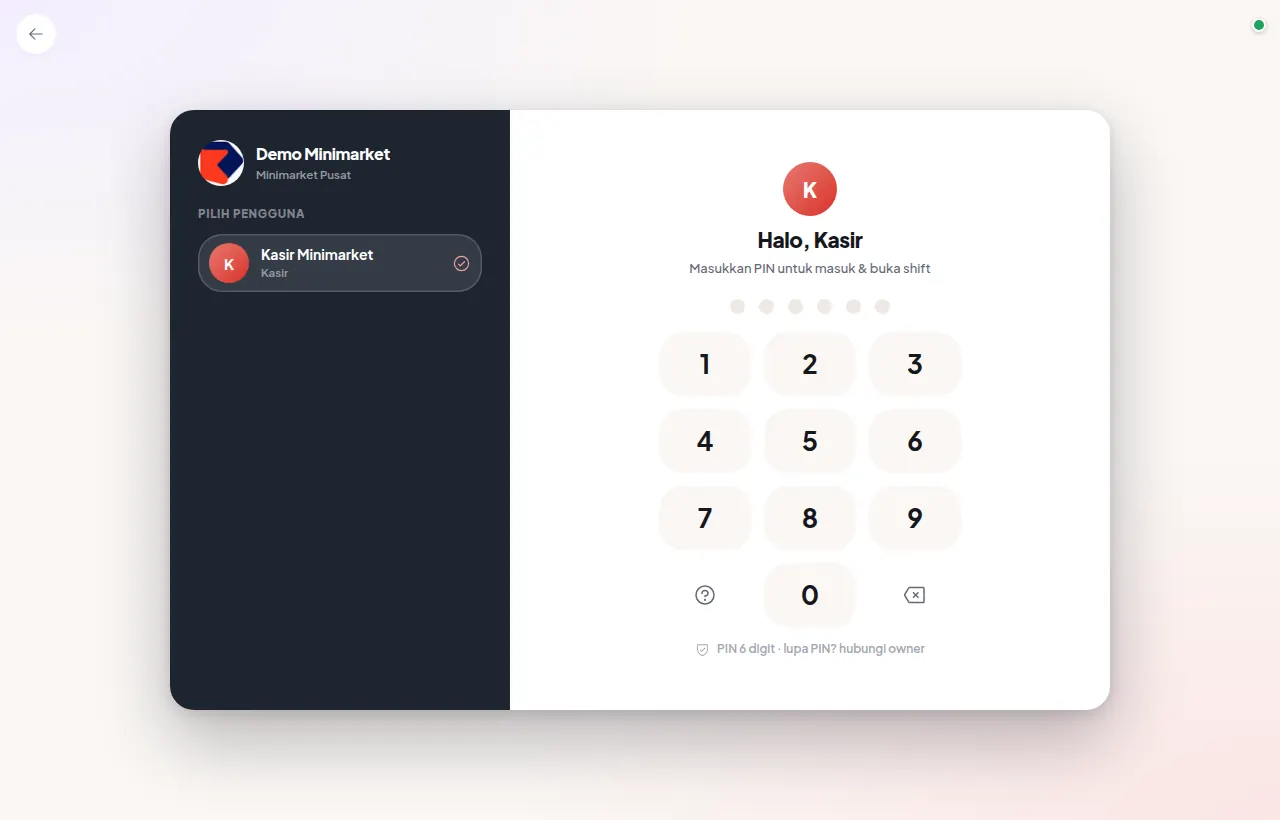 Layar masuk aplikasi kasir Kassa POS dengan papan angka PIN 6 digit