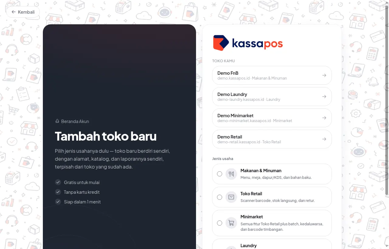 Halaman pembuatan toko Kassa POS dengan empat kartu jenis usaha: Makanan & Minuman, Toko Retail, Minimarket, dan Laundry