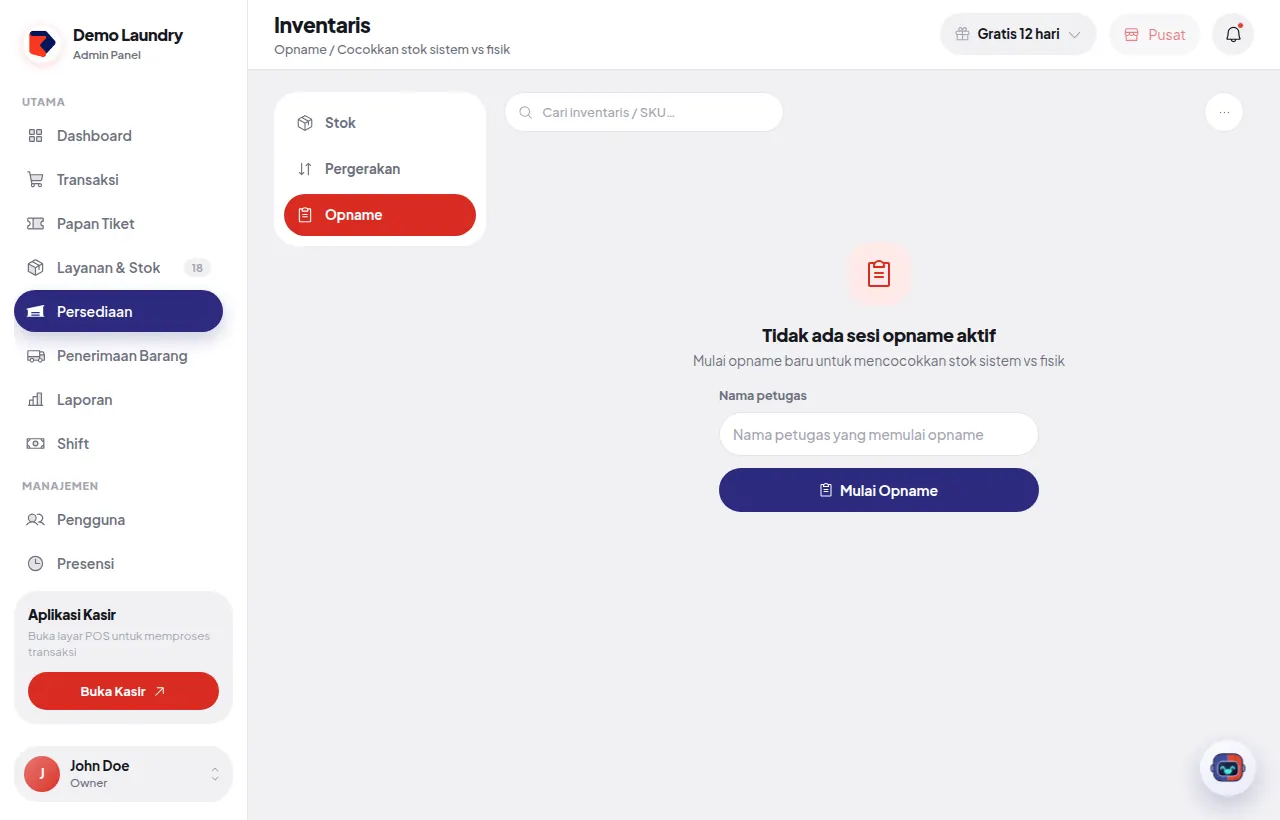 Layar memulai stok opname di Kassa POS dengan kolom nama petugas dan tombol Mulai Opname